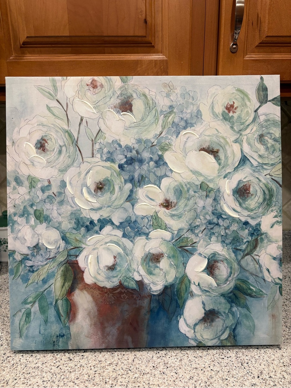 Floral Still Life White Flowers in Vase Framed Canvas Painting 24x24 in